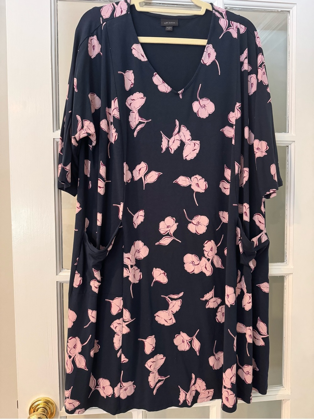 J.Jill Wearever Collection Navy V-Neck Dress with Pink Floral Pattern